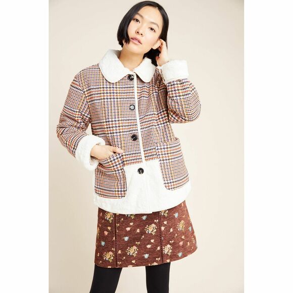 New Anthropologie Plaid Faux Fur Jacket by NuRode $240 X-SMALL